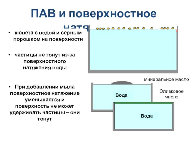 ПАВ и поверхностное натяжение кювета с водой и серным порошком