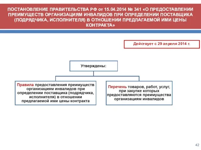 ПОСТАНОВЛЕНИЕ ПРАВИТЕЛЬСТВА РФ от 15.04.2014 № 341 «О ПРЕДОСТАВЛЕНИИ ПРЕИМУЩЕСТВ ОРГАНИЗАЦИЯМ ИНВАЛИДОВ ПРИ