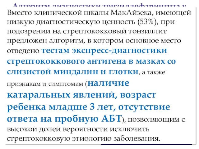 Алгоритм диагностики тонзиллофарингита у детей (Баранов А.А. и соавт.Методические рекомендации