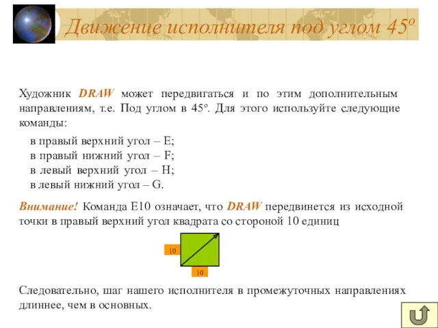 Художник DRAW может передвигаться и по этим дополнительным направлениям, т.е.