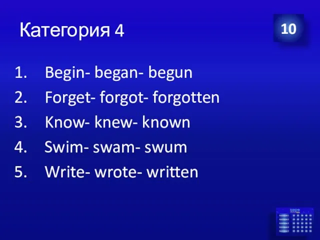 Категория 4 Begin- began- begun Forget- forgot- forgotten Know- knew-