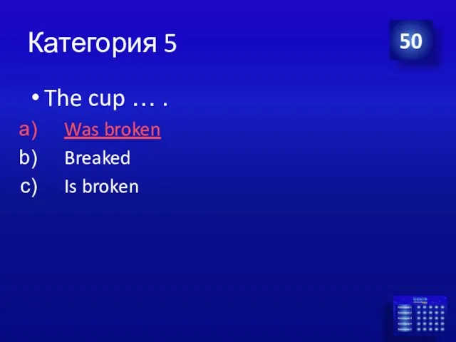 Категория 5 The cup … . Was broken Breaked Is broken 50