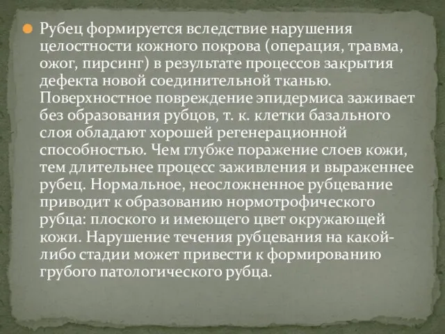 Рубец формируется вследствие нарушения целостности кожного покрова (операция, травма, ожог,