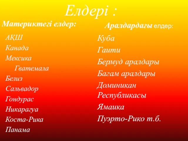 Елдері : Материктегі елдер: АҚШ Канада Мексика Гватемала Белиз Сальвадор Гондурас Никарагуа Коста-Рика