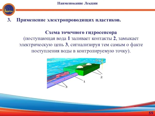 Применение электропроводящих пластиков. Схема точечного гидросенсора (поступающая вода 1 заливает контакты 2, замыкает