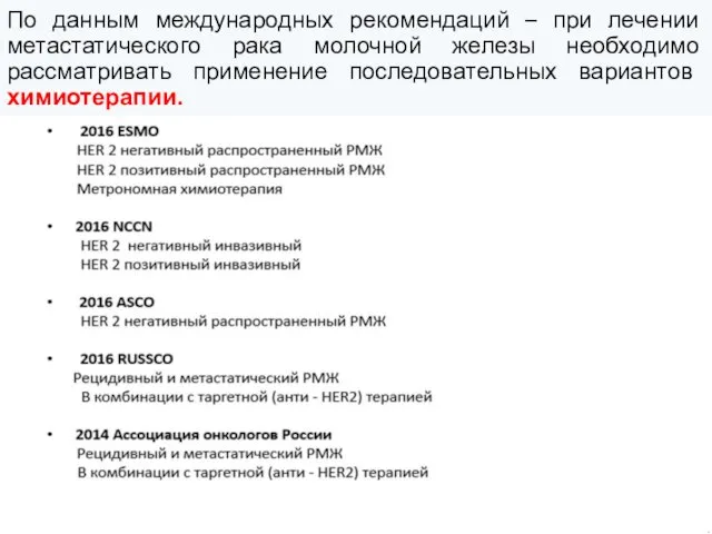 По данным международных рекомендаций – при лечении метастатического рака молочной