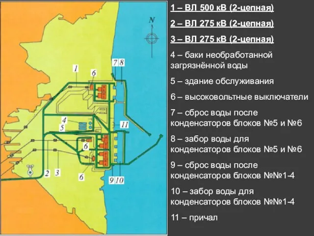 1 – ВЛ 500 кВ (2-цепная) 2 – ВЛ 275