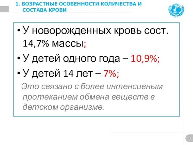 У новорожденных кровь сост. 14,7% массы; У детей одного года