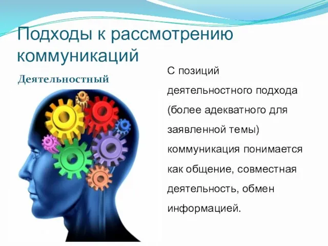 Подходы к рассмотрению коммуникаций Деятельностный С позиций деятельностного подхода (более