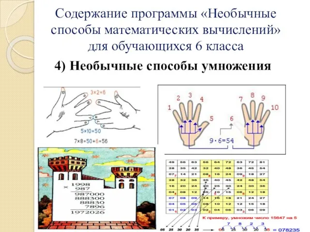 Содержание программы «Необычные способы математических вычислений» для обучающихся 6 класса 4) Необычные способы умножения