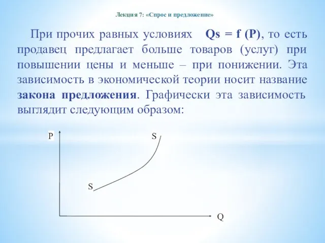 Лекция 7: «Спрос и предложение» При прочих равных условиях Qs