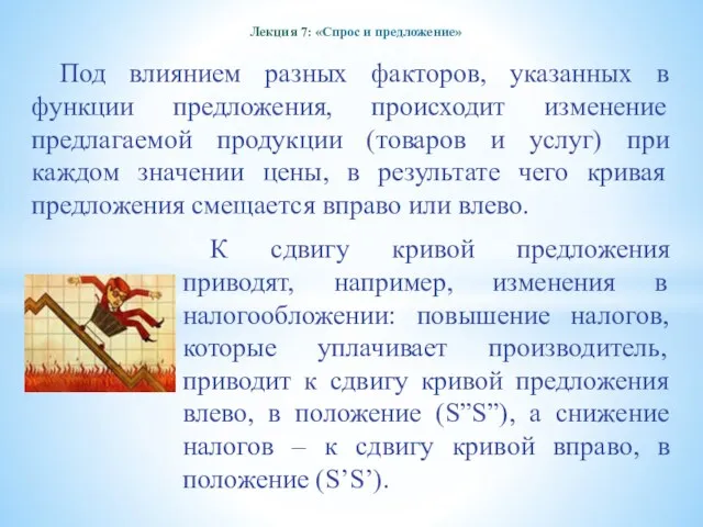 Лекция 7: «Спрос и предложение» Под влиянием разных факторов, указанных