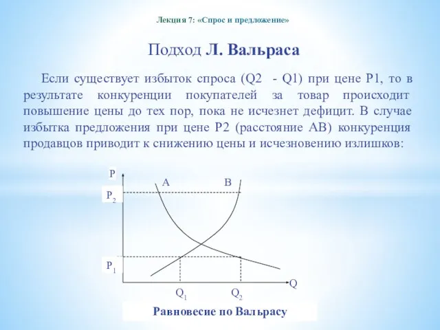 Лекция 7: «Спрос и предложение» Подход Л. Вальраса Если существует