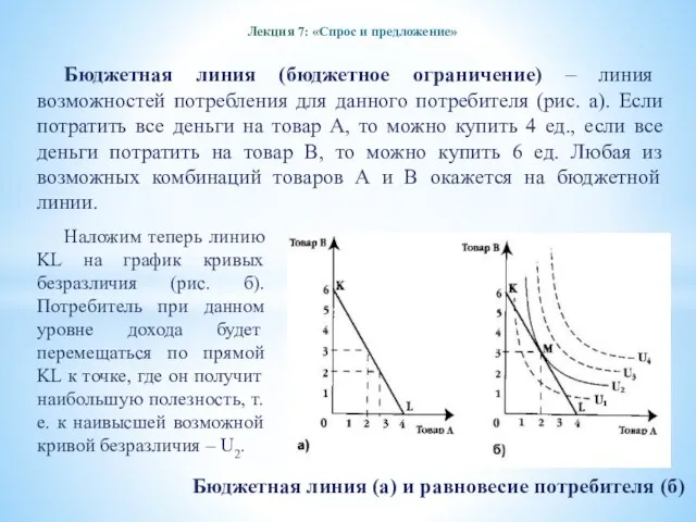 Лекция 7: «Спрос и предложение» Бюджетная линия (бюджетное ограничение) –