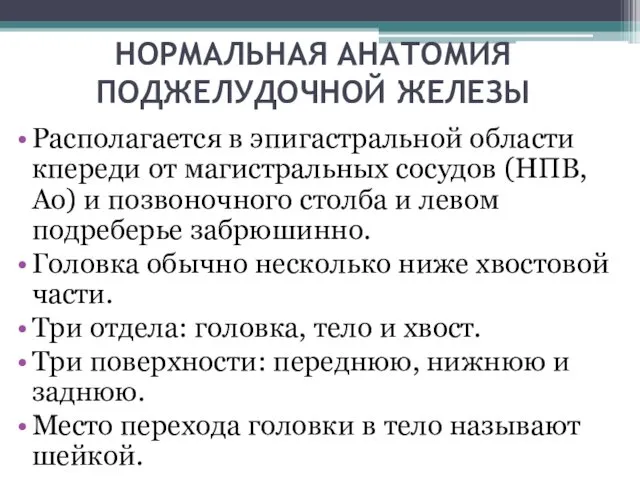 НОРМАЛЬНАЯ АНАТОМИЯ ПОДЖЕЛУДОЧНОЙ ЖЕЛЕЗЫ Располагается в эпигастральной области кпереди от