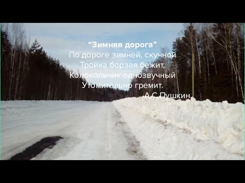 “Зимняя дорога” По дороге зимней, скучной Тройка борзая бежит, Колокольчик однозвучный Утомительно гремит. А.С.Пушкин.