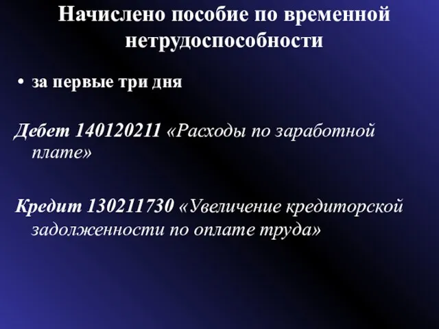 Начислено пособие по временной нетрудоспособности за первые три дня Дебет 140120211 «Расходы по