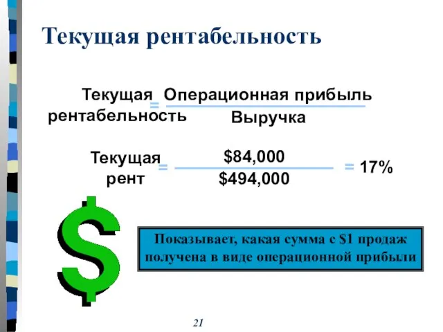 Показывает, какая сумма с $1 продаж получена в виде операционной прибыли Текущая рентабельность