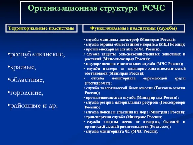 Территориальные подсистемы Функциональные подсистемы (службы) республиканские, краевые, областные, городские, районные