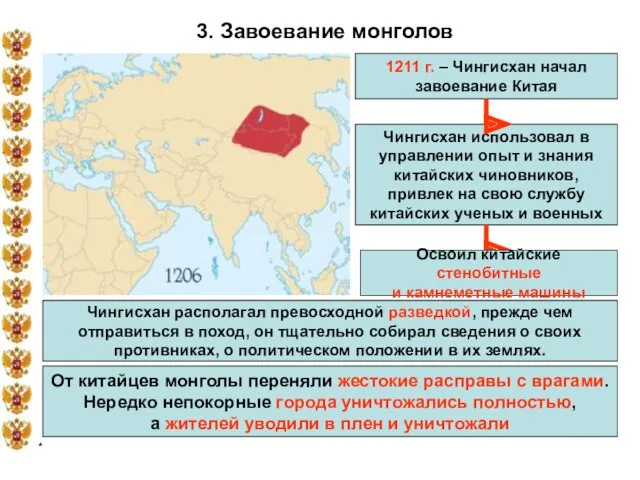 * 3. Завоевание монголов 1211 г. – Чингисхан начал завоевание