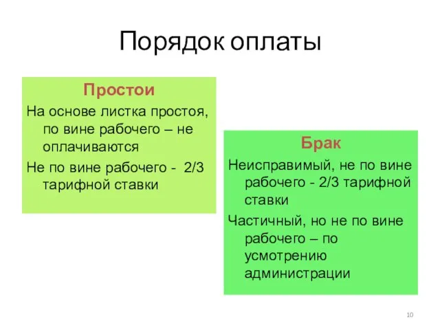 Порядок оплаты Простои На основе листка простоя, по вине рабочего