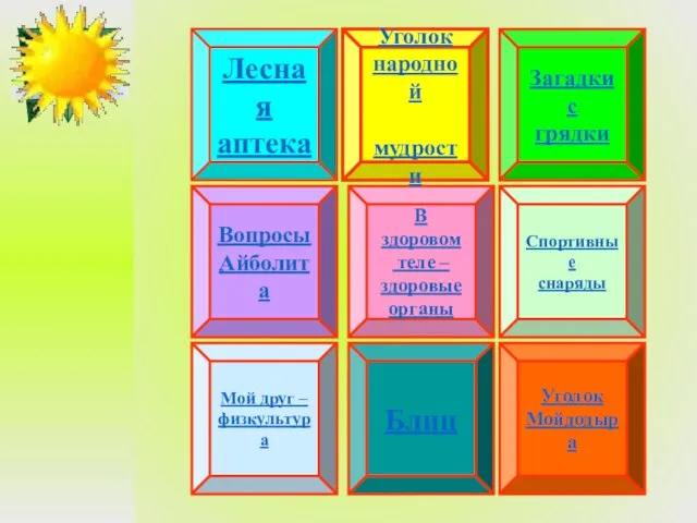 Лесная аптека В здоровом теле – здоровые органы Спортивные снаряды Уголок народной мудрости