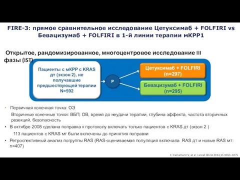 FIRE-3: прямое сравнительное исследование Цетуксимаб + FOLFIRI vs Бевацизумаб +