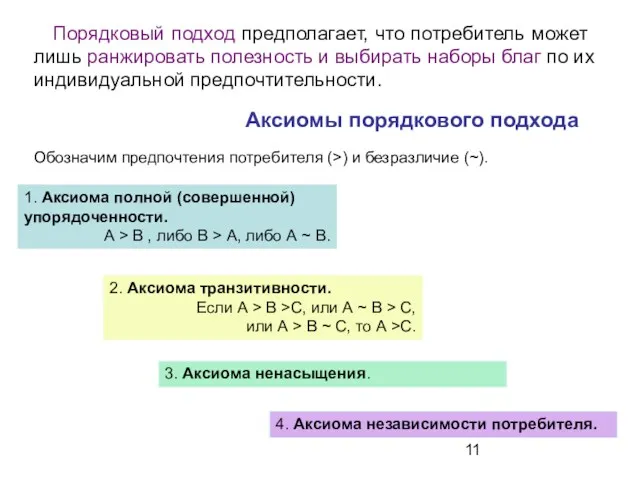 3. Аксиома ненасыщения. Обозначим предпочтения потребителя (>) и безразличие (~).