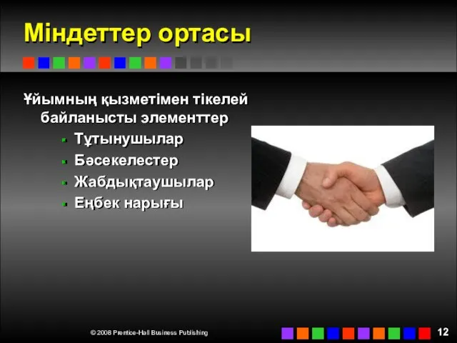 Міндеттер ортасы Ұйымның қызметімен тікелей байланысты элементтер Тұтынушылар Бәсекелестер Жабдықтаушылар Еңбек нарығы