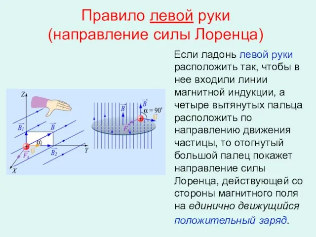 Правило левой руки (направление силы Лоренца) Если ладонь левой руки