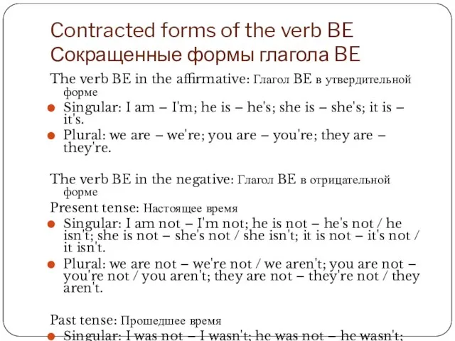 Contracted forms of the verb BE Сокращенные формы глагола BE