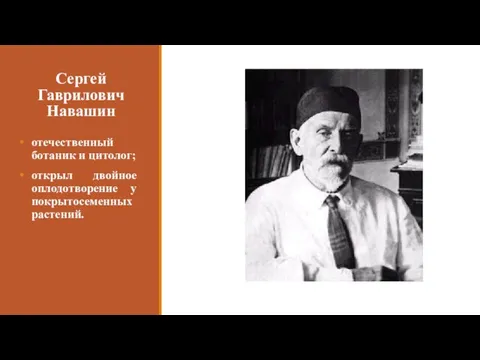 Сергей Гаврилович Навашин отечественный ботаник и цитолог; открыл двойное оплодотворение у покрытосеменных растений.
