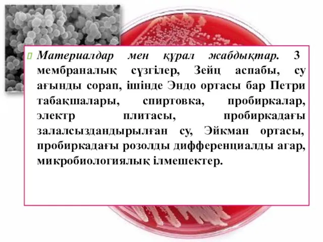 Материалдар мен құрал жабдықтар. 3 мембраналық сүзгілер, Зейц аспабы, су