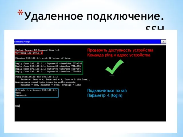 Удаленное подключение. SSH Проверить доступность устройства Команда ping и адрес