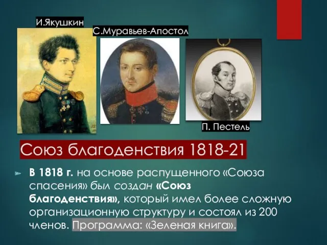 Союз благоденствия 1818-21 В 1818 г. на основе распущенного «Союза