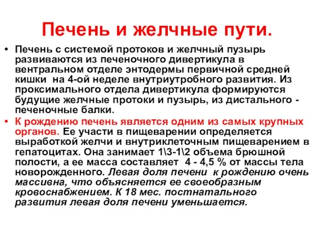 Печень и желчные пути. Печень с системой протоков и желчный пузырь развиваются из