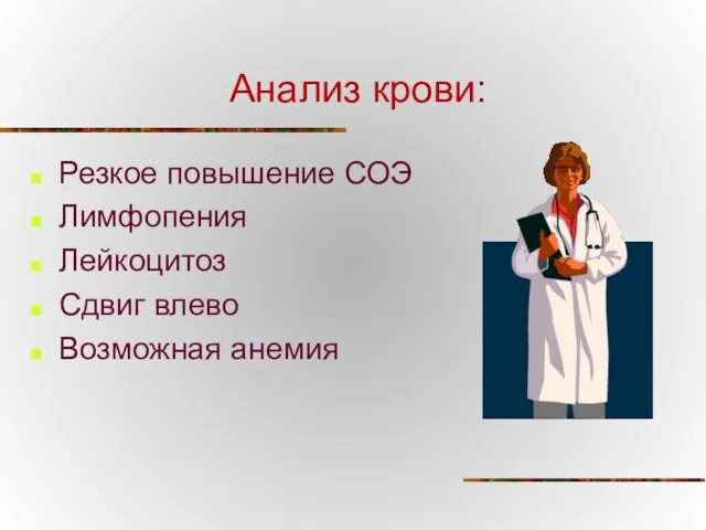 Анализ крови: Резкое повышение СОЭ Лимфопения Лейкоцитоз Сдвиг влево Возможная анемия