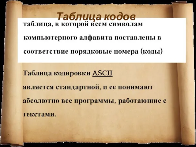 таблица, в которой всем символам компьютерного алфавита поставлены в соответствие