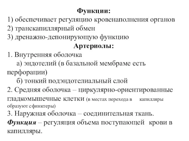 Функции: 1) обеспечивает регуляцию кровенаполнения органов 2) транскапиллярный обмен 3)