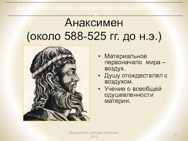 Анаксимен (около 588-525 гг. до н.э.) Материальное первоначало мира –