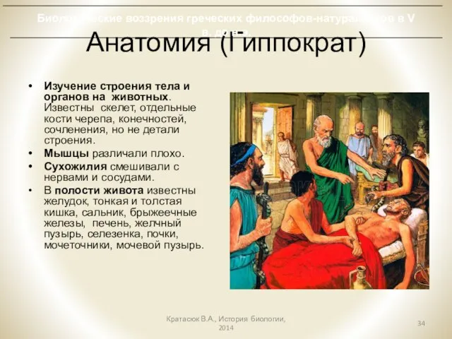 Анатомия (Гиппократ) Изучение строения тела и органов на животных. Известны