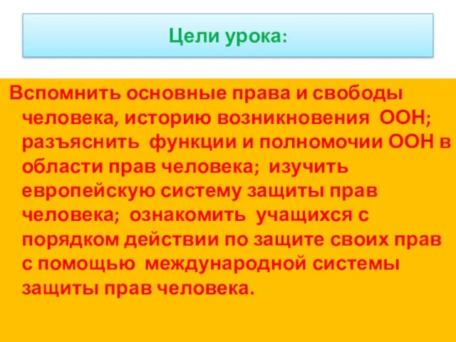 Цели урока: Вспомнить основные права и свободы человека, историю возникновения