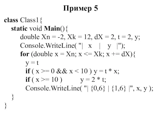 Пример 5 class Class1{ static void Main(){ double Xn =