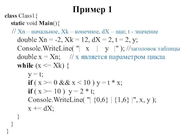 Пример 1 class Class1{ static void Main(){ // Xn –
