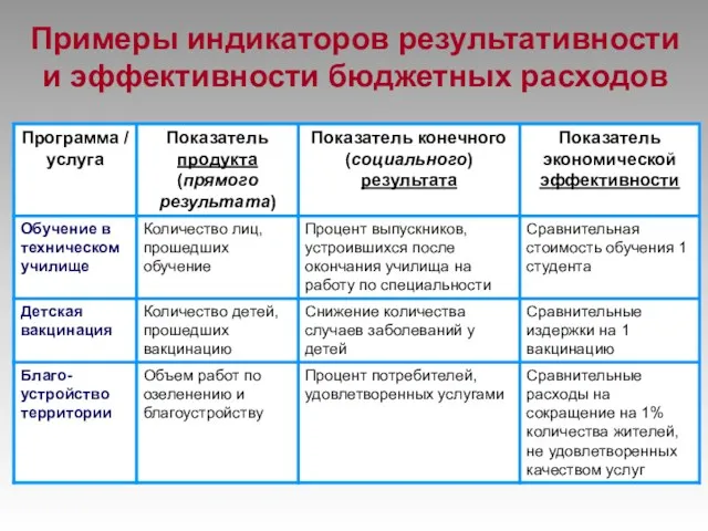 Примеры индикаторов результативности и эффективности бюджетных расходов