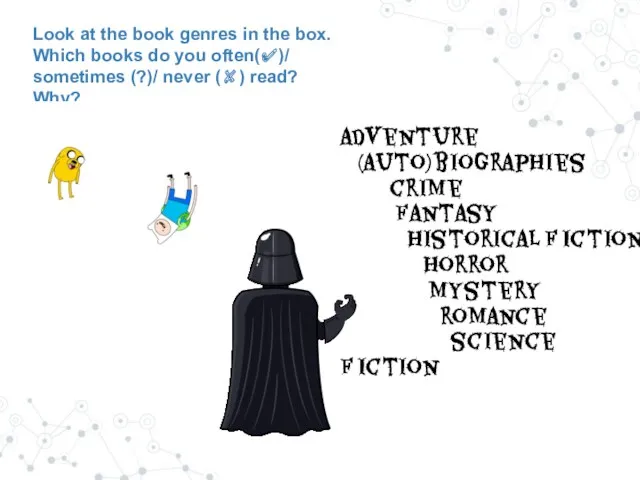 Look at the book genres in the box. Which books