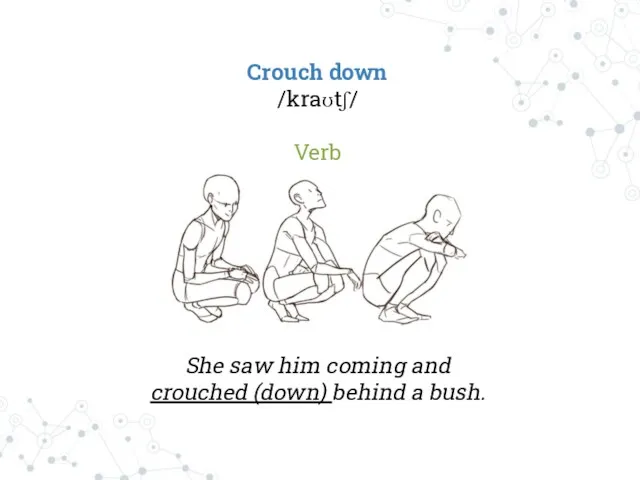Crouch down /kraʊtʃ/ Verb She saw him coming and crouched (down) behind a bush.