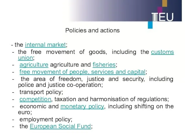 TEU Policies and actions - the internal market; the free