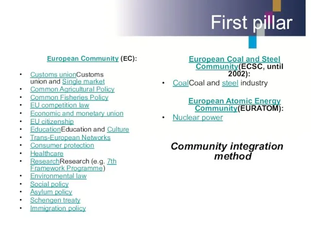 First pillar European Community (EC): Customs unionCustoms union and Single