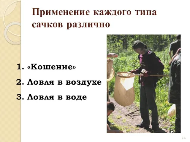 Применение каждого типа сачков различно 1. «Кошение» 2. Ловля в воздухе 3. Ловля в воде